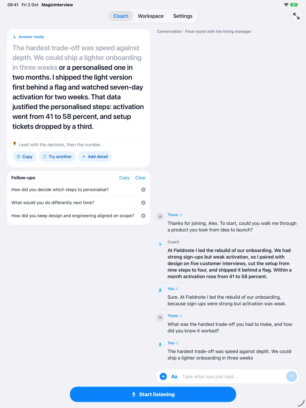 MagicInterview on iPad with the answer beside the transcript