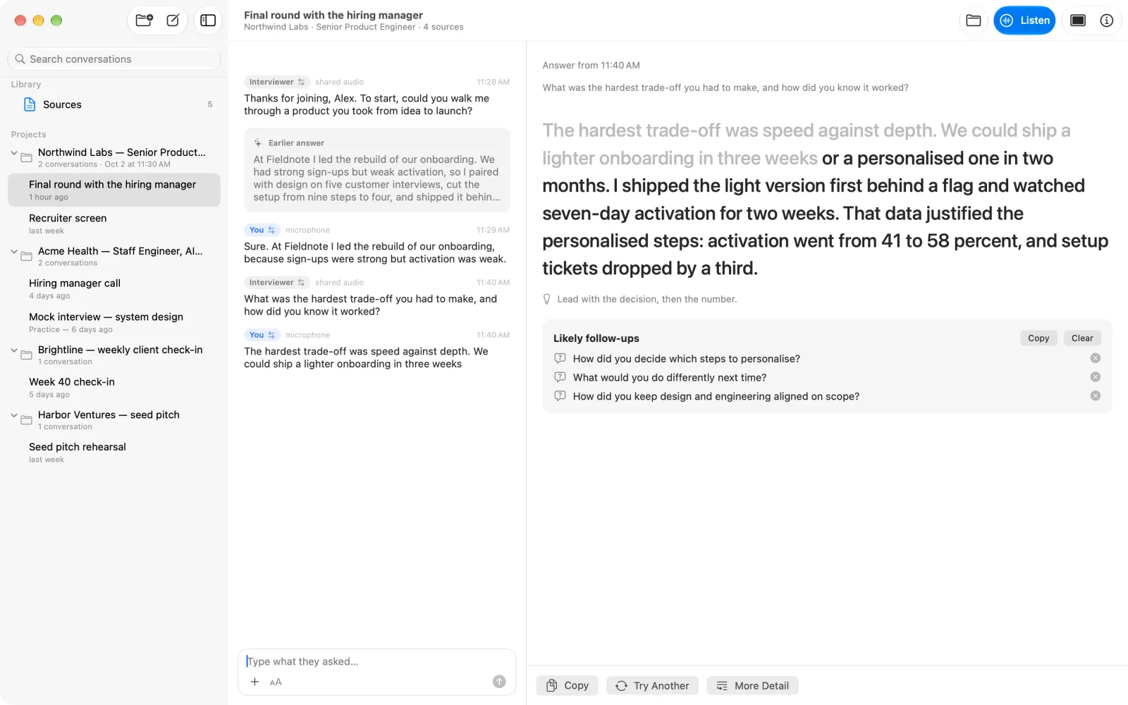 MagicInterview on Mac showing the interviewer's question, the transcript, and a suggested answer